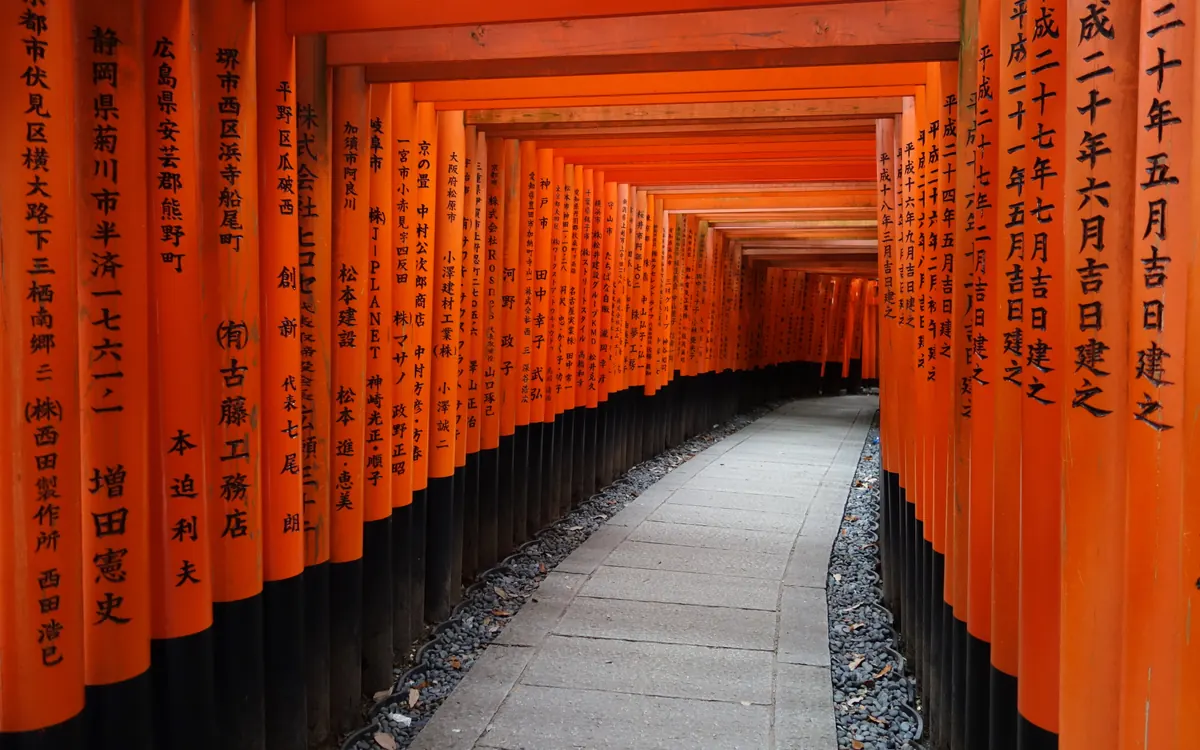 Path through the vermilion Senbon Torii gates at Fushimi Inari Taisha shrine, Kyoto