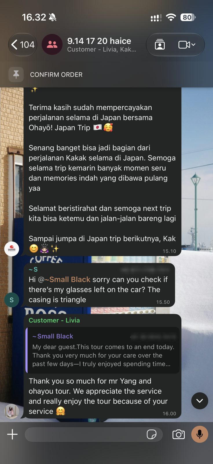 Screenshot of a review: WhatsApp group chat: thank-you message from Ohayō and English thank-you from customer Livia