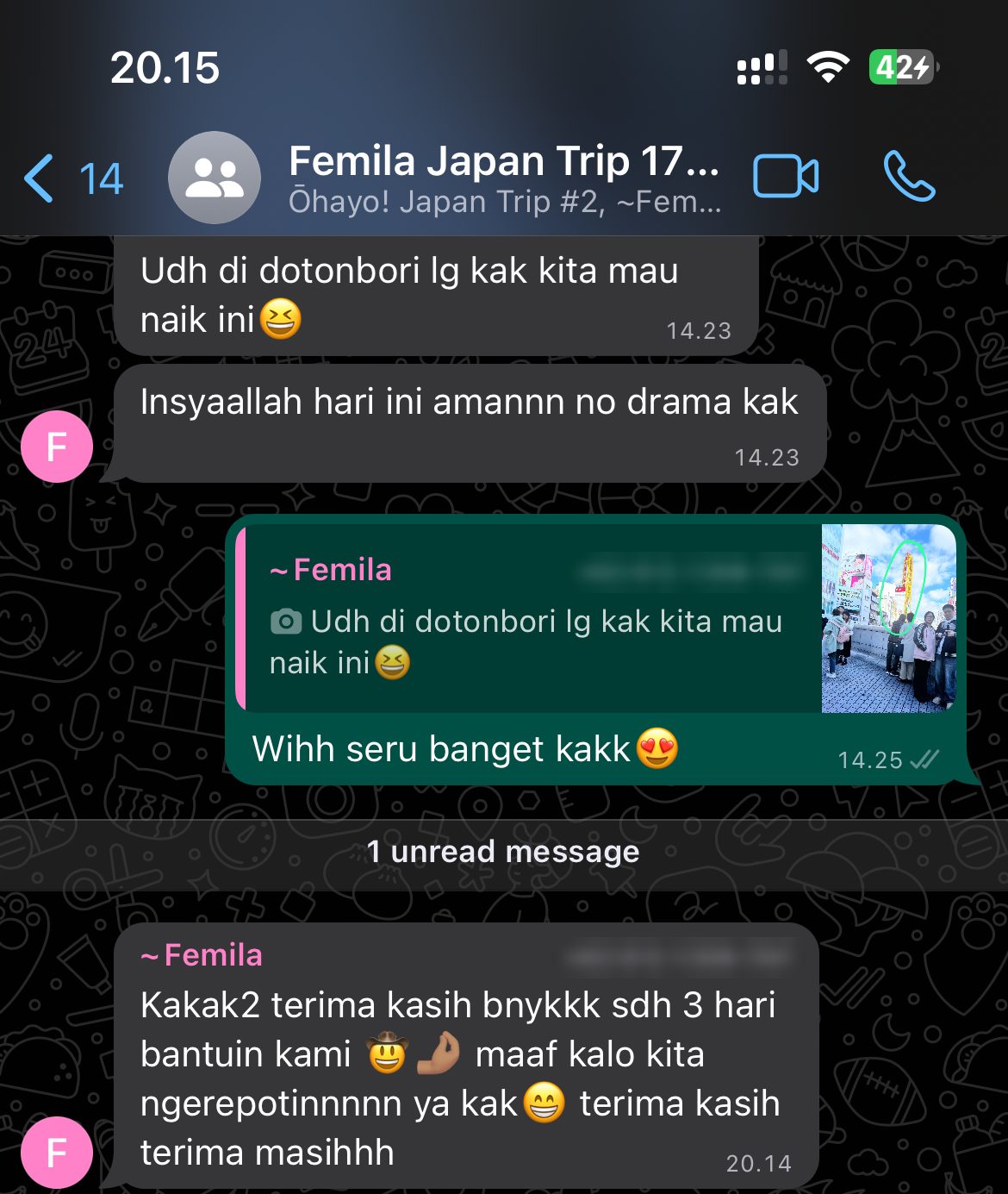 Screenshot of a review: WhatsApp group chat: customer Femila thanks the team after a 3-day trip (Dotonbori)