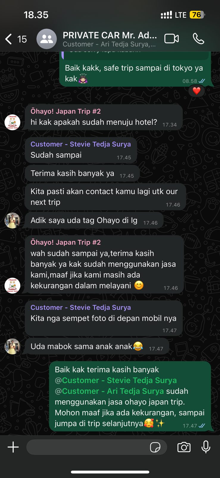 Screenshot of a review: WhatsApp group chat: customer Stevie Tedja Surya confirms arrival and says they will book again