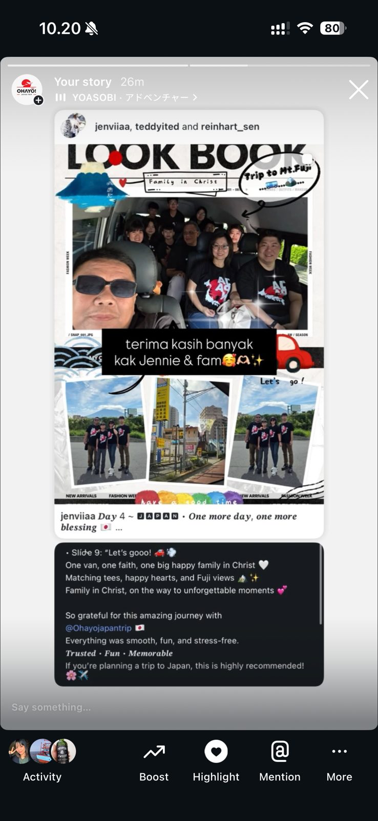 Screenshot of a review: Instagram story repost: customer family 'Look Book' collage from a Mt Fuji van trip with a recommendation caption