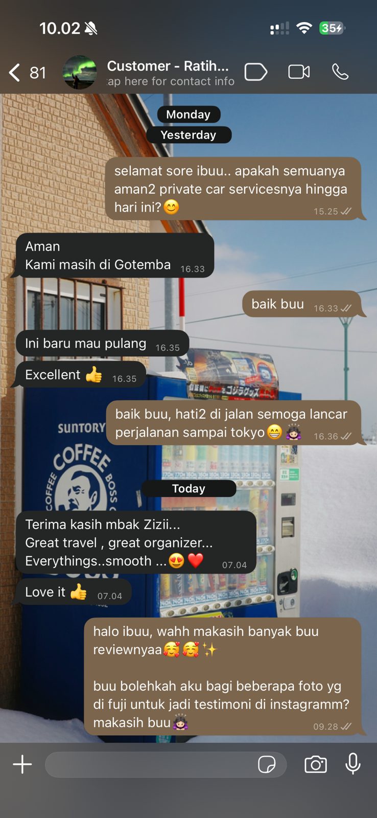 Screenshot of a review: WhatsApp chat: customer Ratih rates the private car service excellent