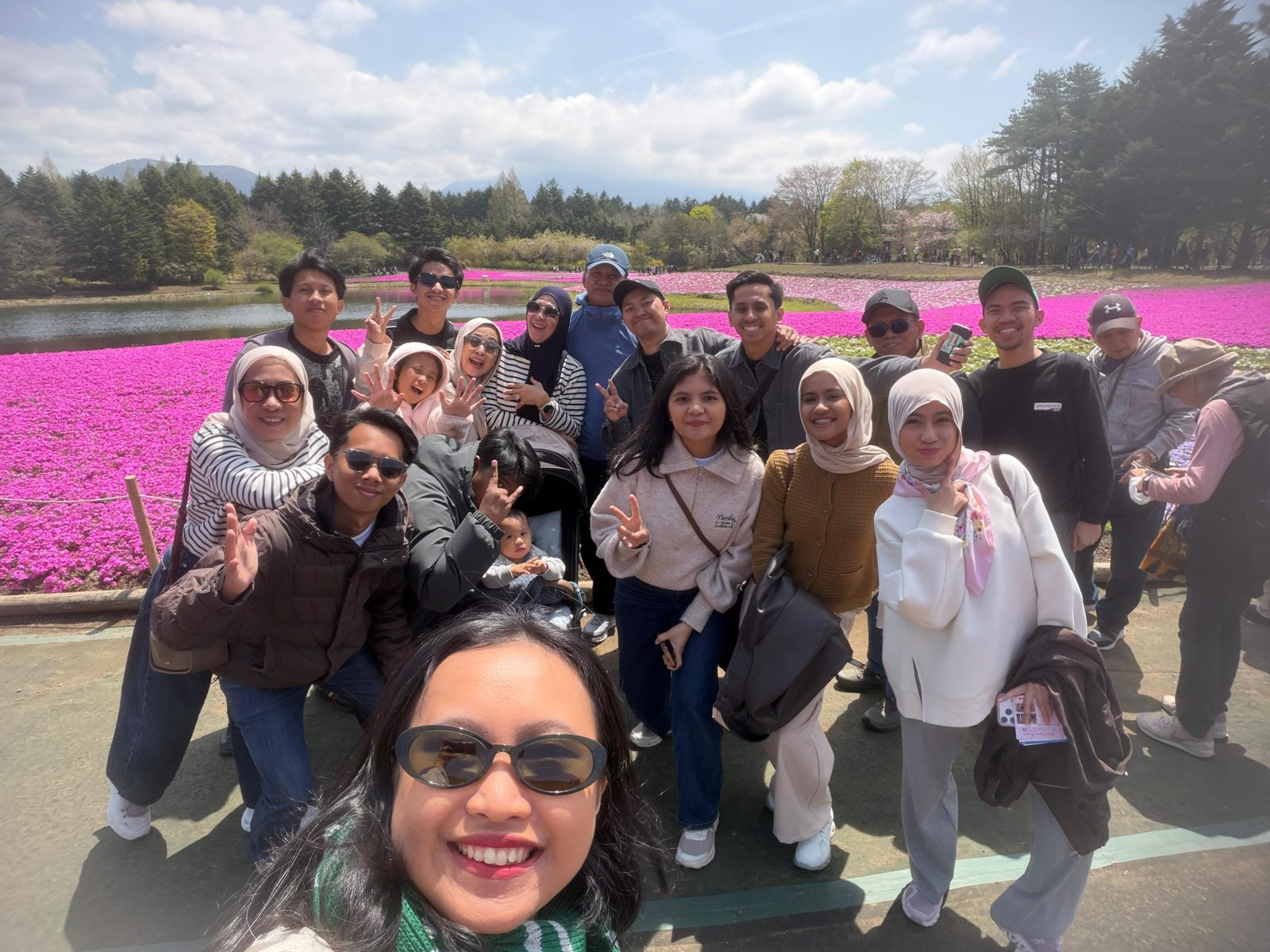 Group selfie at the Shibazakura pink moss festival